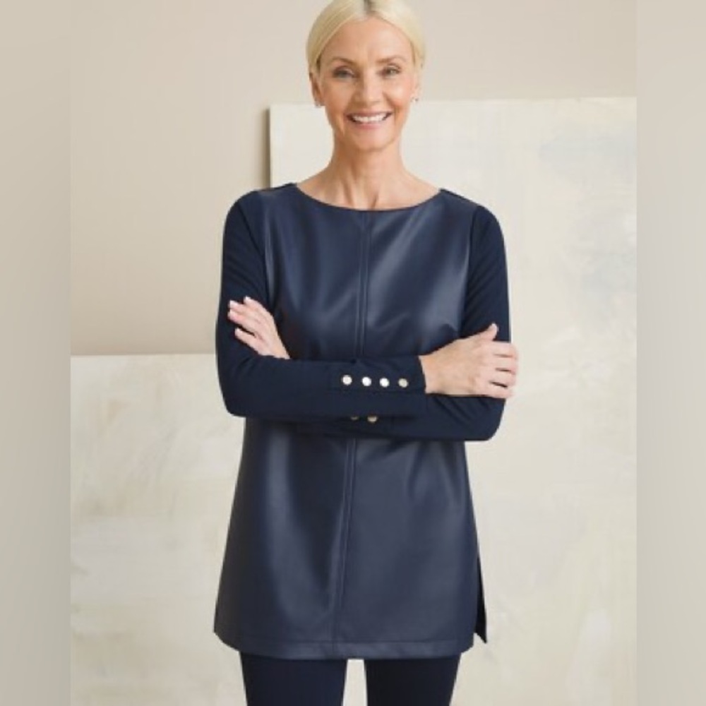 Brand New Chico’s Faux-Leather and Ponte Tunic in Navy Blue